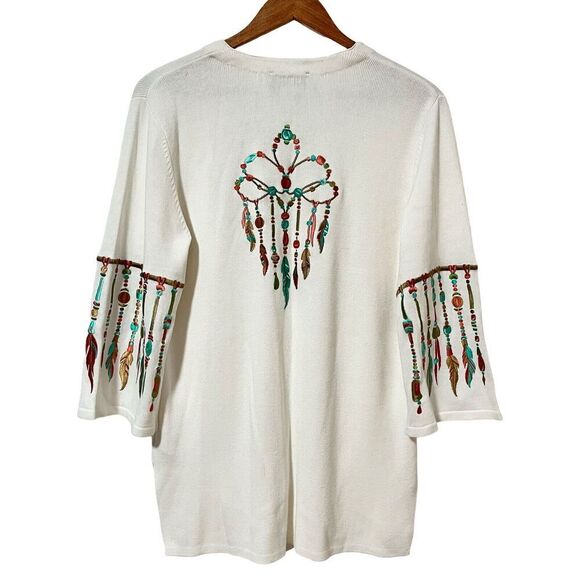 Bob Mackie Dreamcatcher Embroidered Cardigan Size S Ivory Artsy Native American - Picture 1 of 9